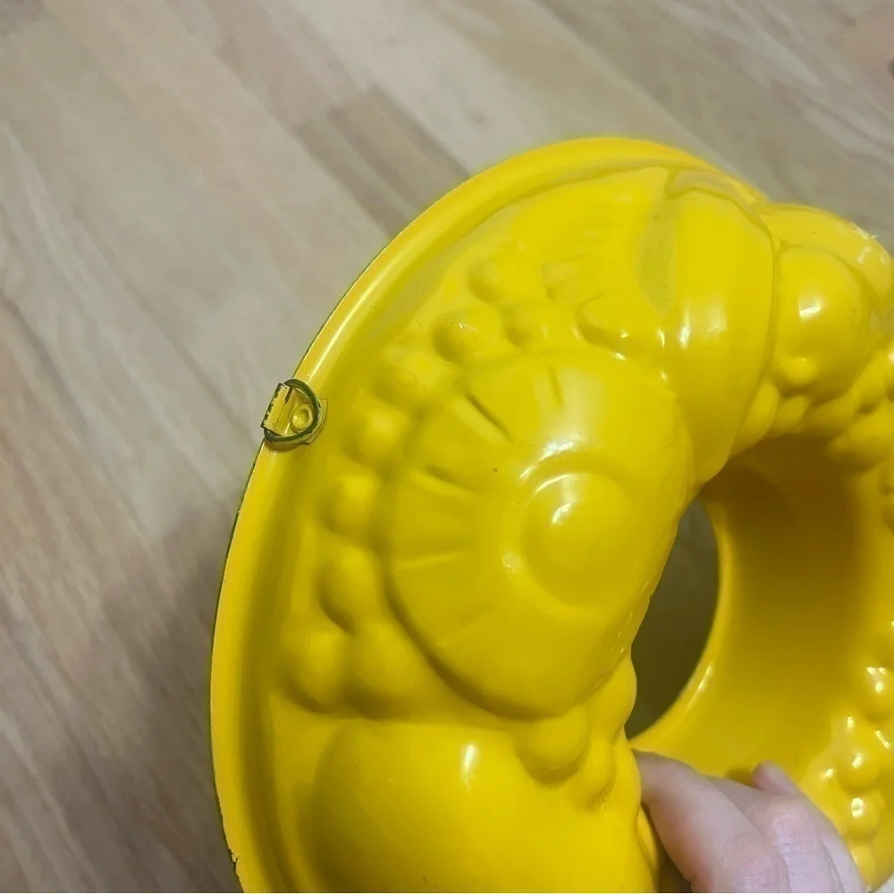 Vintage Yellow Bundt Pan Bright MCM Pineapple Fruit Banana Grapes Print